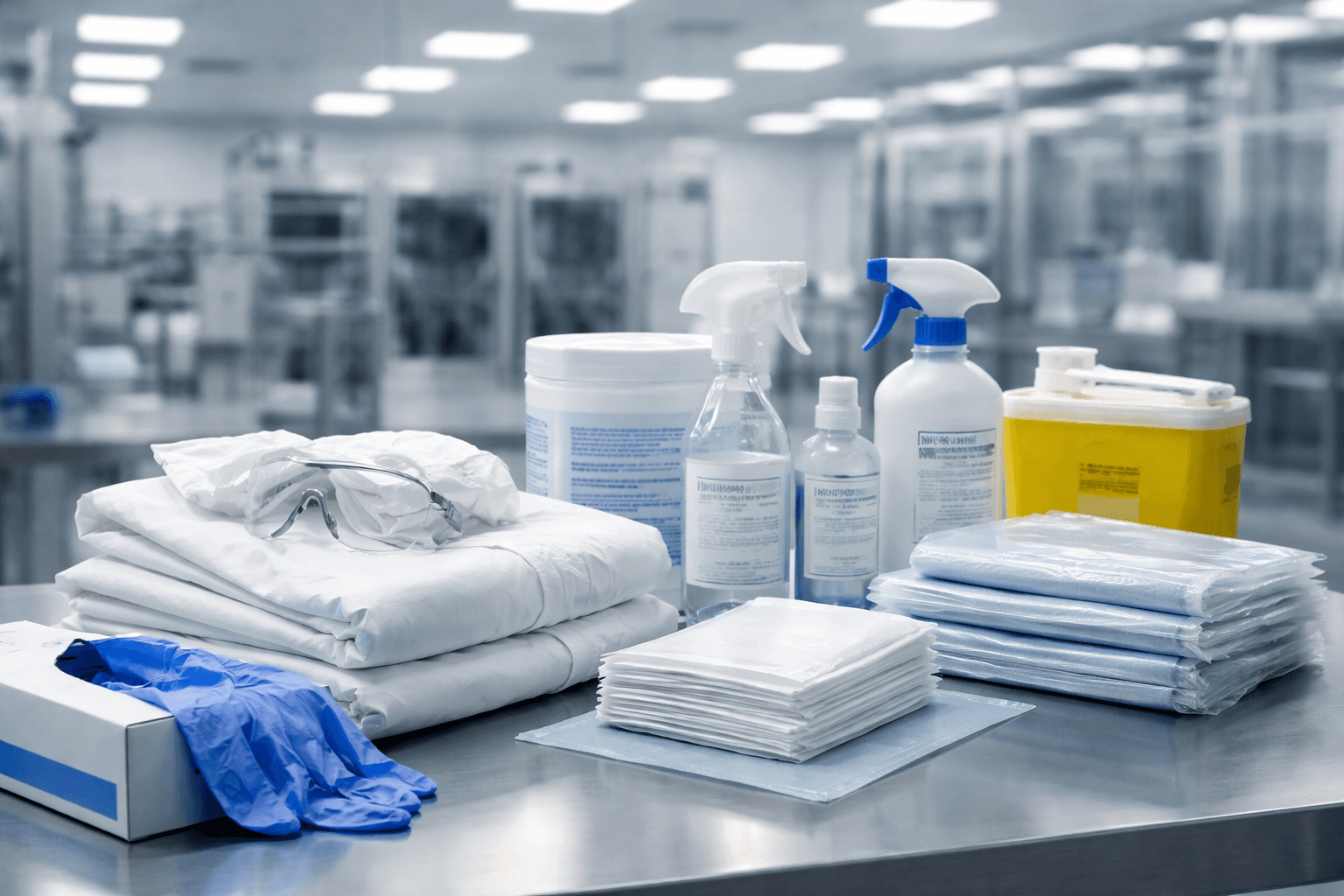 Cleanroom garments, wipes, and sanitizing supplies
