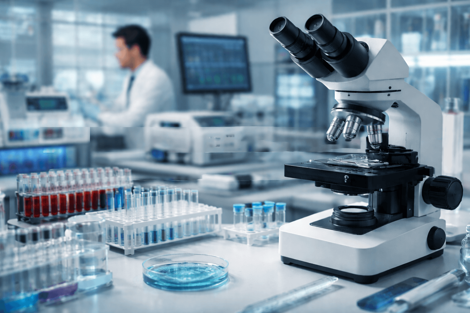 Diagnostics and lab supplies with microscope, vials, and test tubes