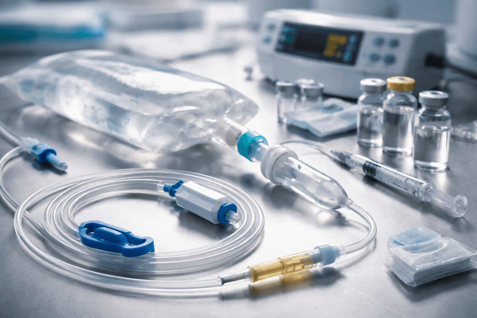 IV and infusion supplies prepared on a clinical surface