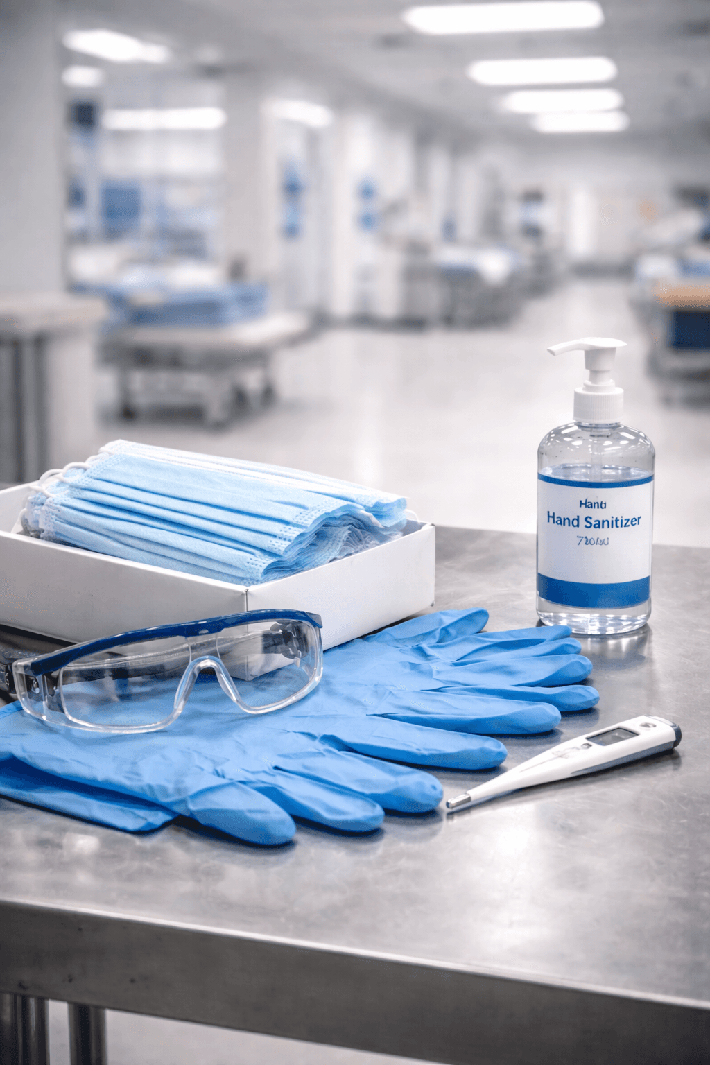 Personal protective equipment including masks, gloves, sanitizer, and eyewear