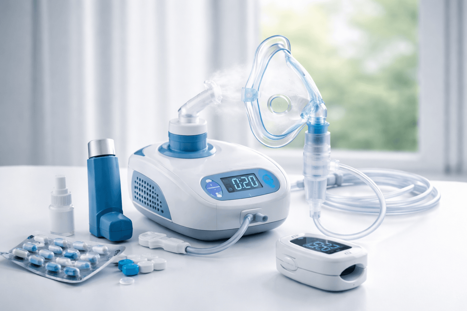 Respiratory care device with nebulizer mask and related supplies